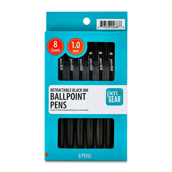 Pen+Gear Retractable Ballpoint Pens, Medium Point,1.0mm, Black Ink, 8 Count