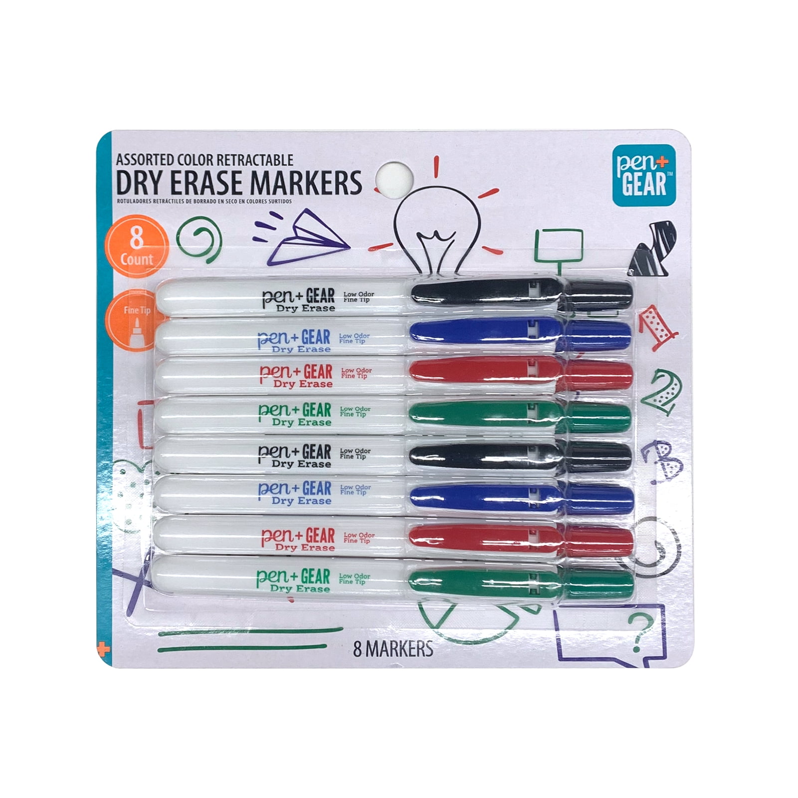 Pen+Gear Retractable Dry Erase Marker, Low Odor, Fine Tip, Assorted Ink Colors, 8 Count, DE