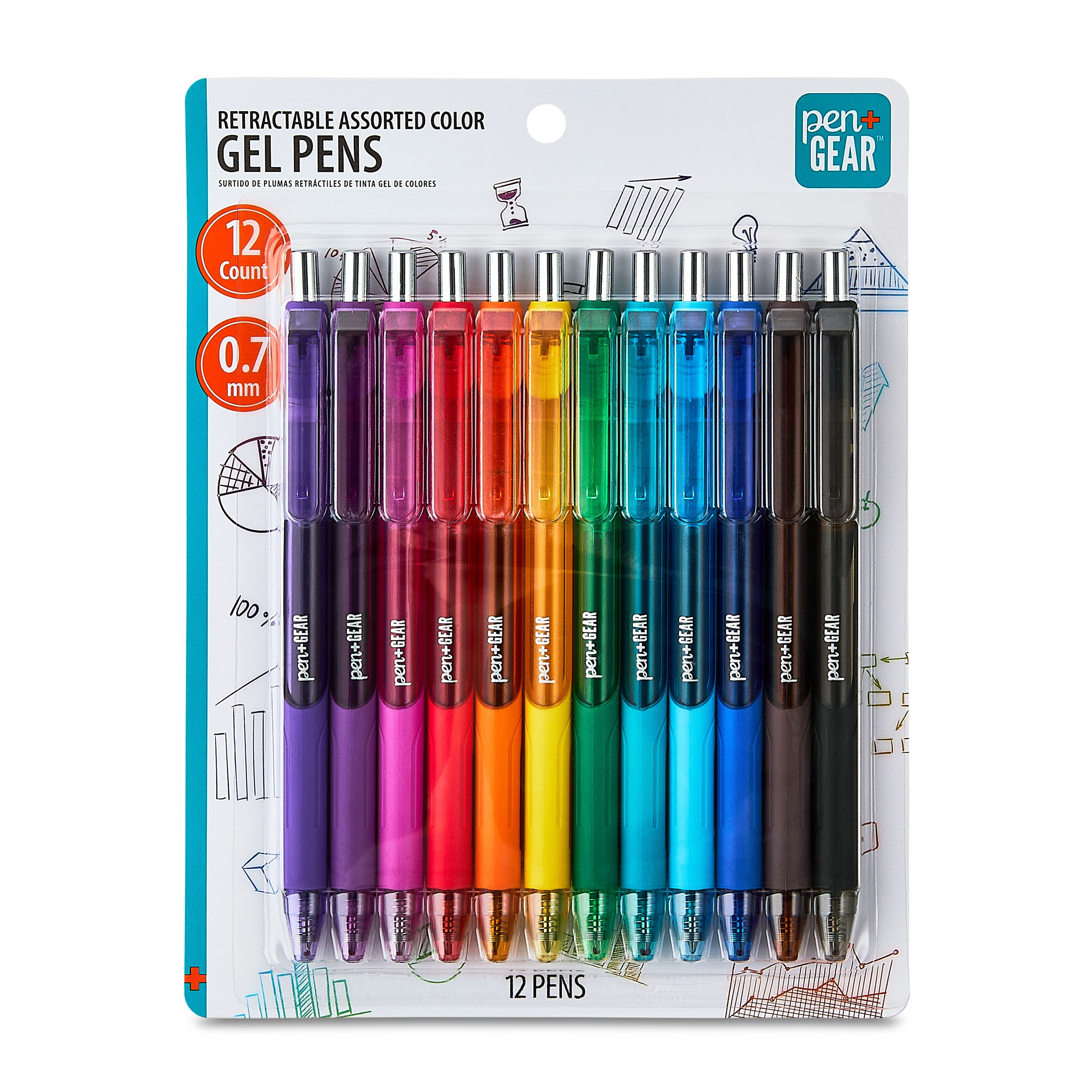 Pen+Gear Retractable Gel Pens, Medium Point,0.7mm, Assorted Ink,12Count