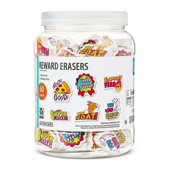 Pen+Gear Reward Erasers Teacher Bucket, Assorted Designs, 60 Count