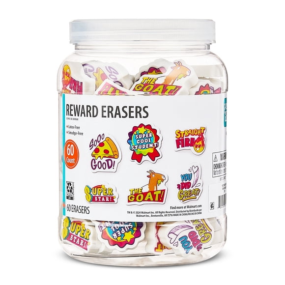 Pen+Gear Reward Erasers Teacher Bucket, 60 Count, Assorted Designs