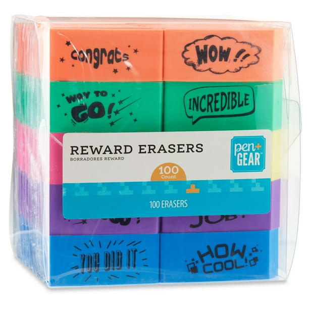 Pen + Gear Reward Erasers with Fun Prints, Assorted Colors, 100 Count