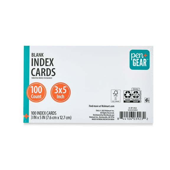 Pen+Gear Blank Index Cards, 3" x 5", White, 100 Count