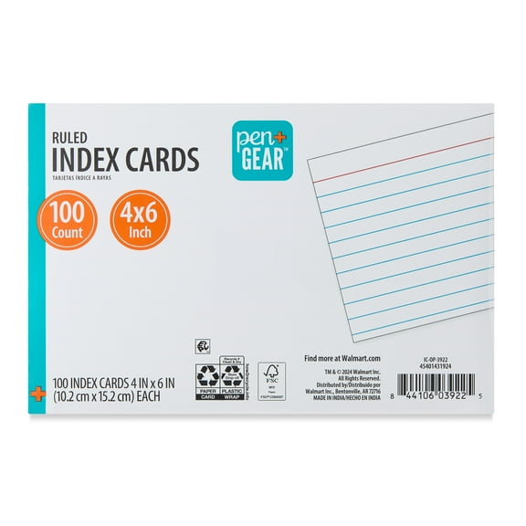 Pen+Gear Ruled Index Cards, White, 100 Count, 4" x 6"