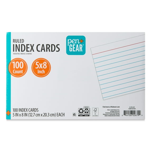 Pen+Gear Ruled Index Cards, White, 5"x 8", 100 Count