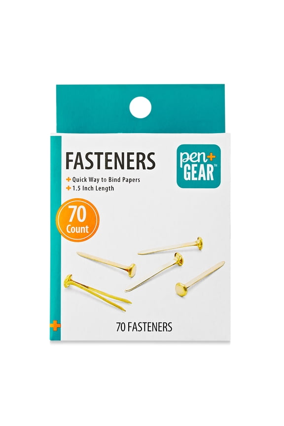 School Smart Steel Fasteners, 1 1/2", Brass Plated, 70 Count
