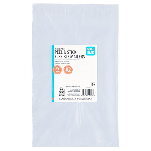 Pen+Gear Self-Seal Poly Flexible Mailers, #2 (7.5"x 10"), White, 25-Count