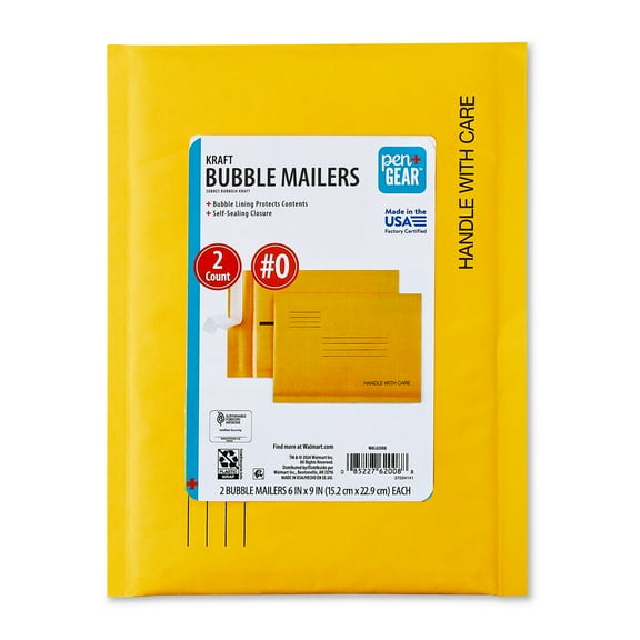 Pen+Gear Self-Sealing #0 Kraft Bubble Mailers, 6" x 9", (2 Pack)