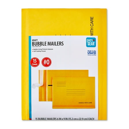 Pen+Gear Self-Sealing #0 Kraft Bubble Mailers, Padded Envelopes, 6" x 9", 15 Pack