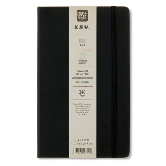 Pen+Gear Simulated Leather Journal, Black, 5" x 8.25", 240 Ruled Pages