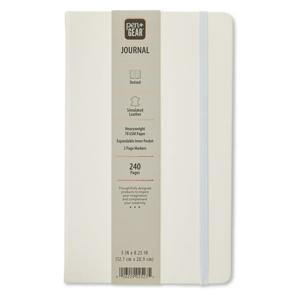 Pen+Gear Simulated Leather Journal, White, 5" x 8.25", 240 Dotted Pages