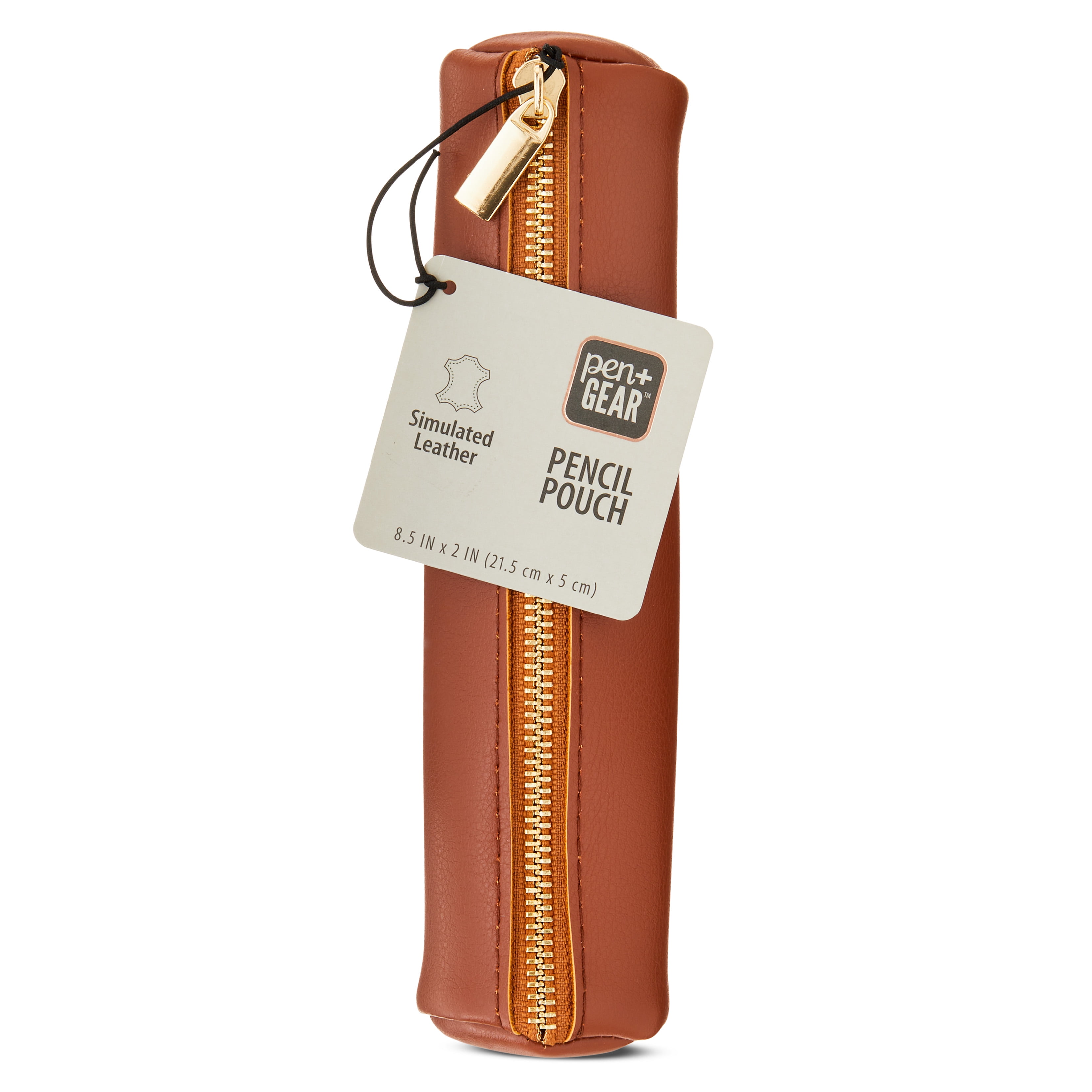 Pen + Gear Simulated Leather Pencil Pouch, Zipper Pull, Cognac Brown