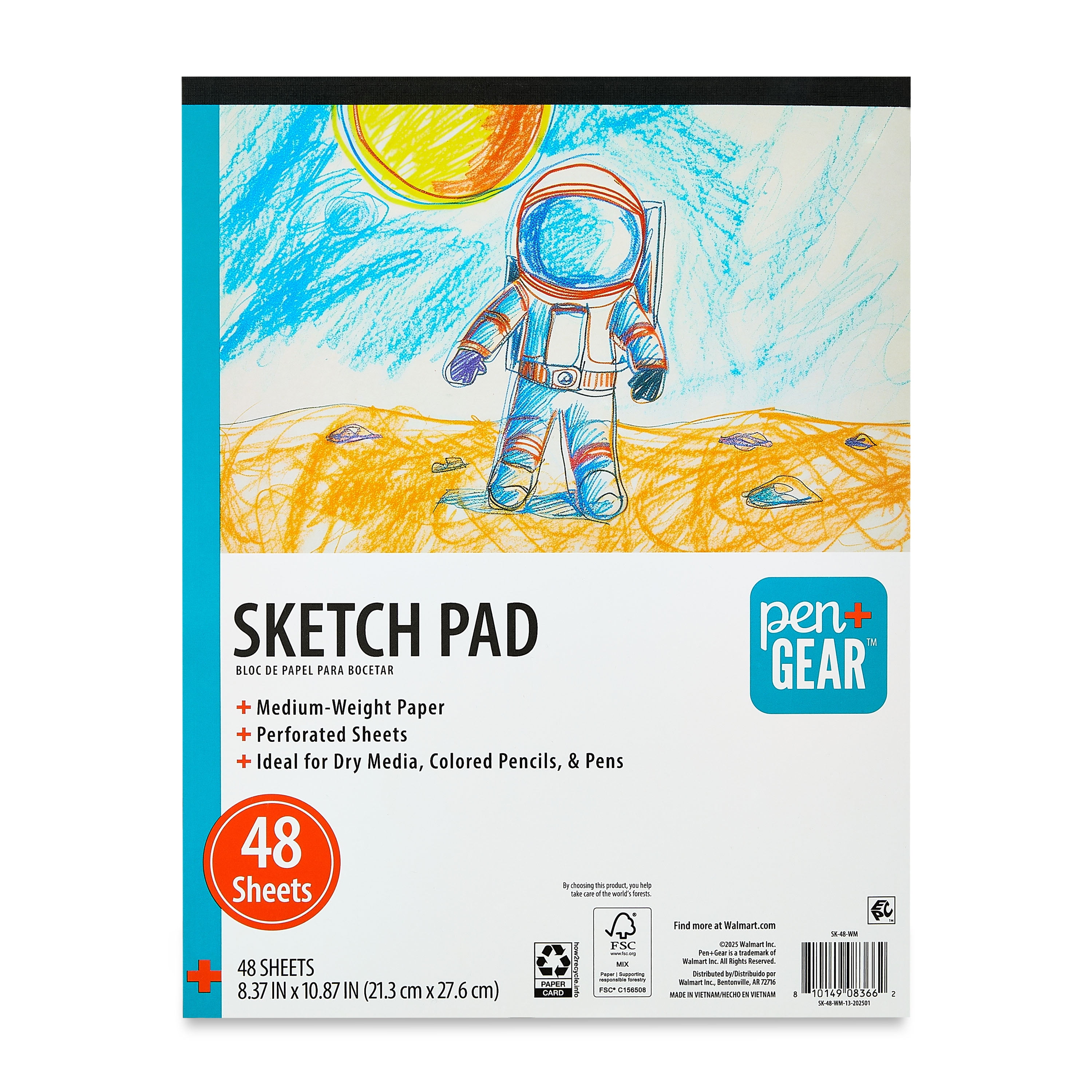Pen+Gear Sketch Pad, Medium Weight, 8.37" x 10.87", White 48 Sheets