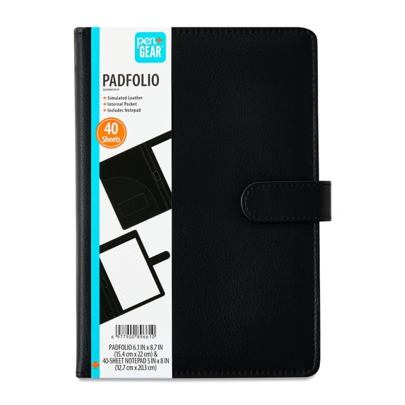 Pen+Gear Small Black Faux Leather Padfolio with 5 in x 8 in Writing Pad