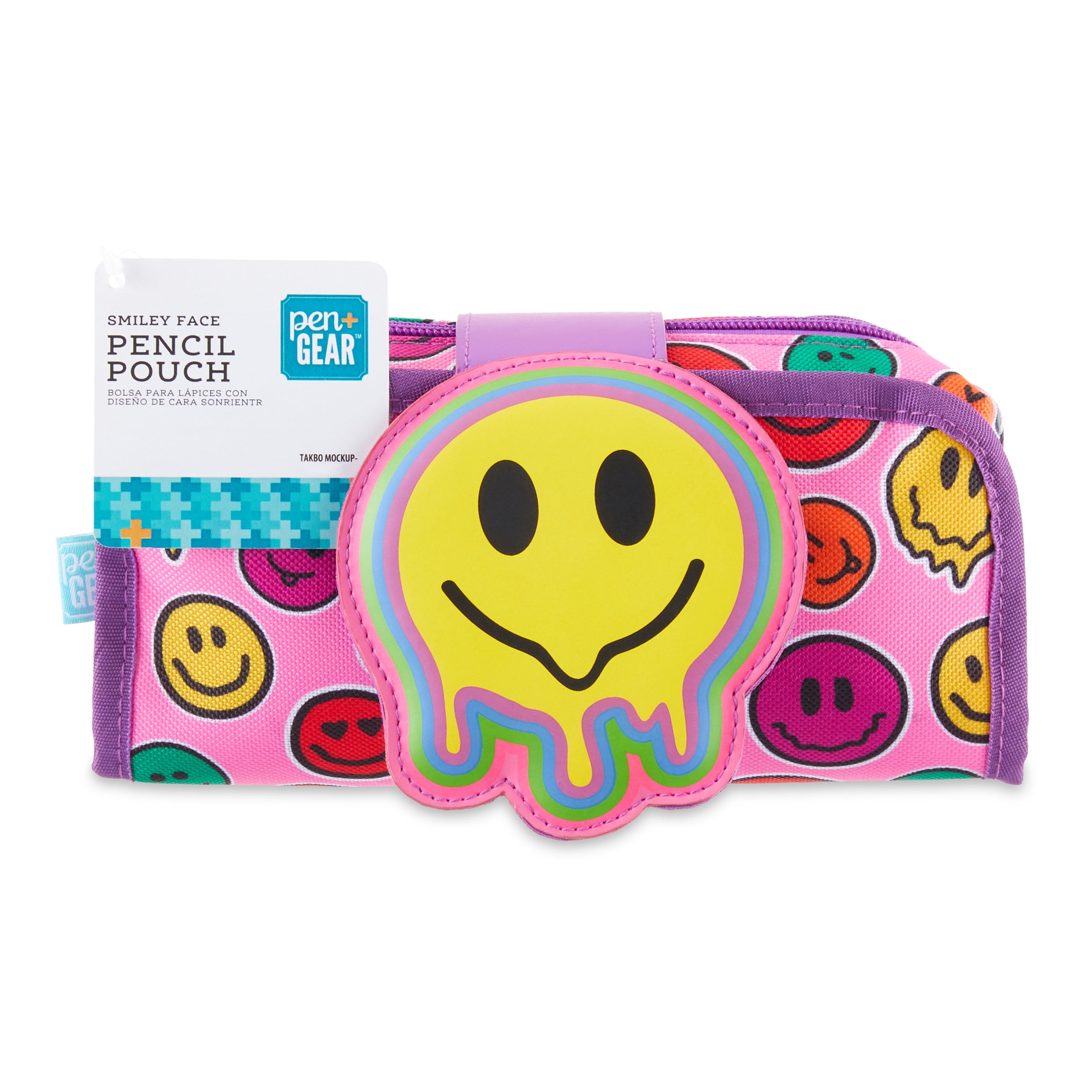 Pen+Gear Smiley Face Pencil Pouch, 10 Elastic Pen Slots, Pink Print