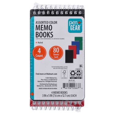 Pen + Gear Spiral Bound Ruled Paper Memo Book, 3 in x 5 in, 4 Pack, 80 Sheets Each, 0 Holes