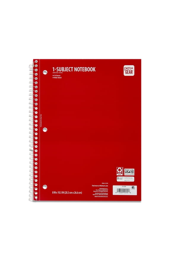 Wide Rule 1 Subject Notebook, 8” x 10.5”, Red, 70 Sheets, New
