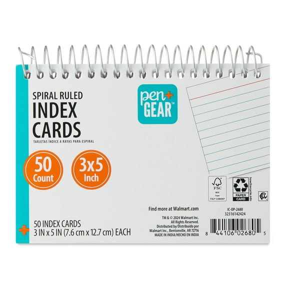 Pen+Gear Spiral Ruled Index Cards, 3" x 5", White, 50 Count