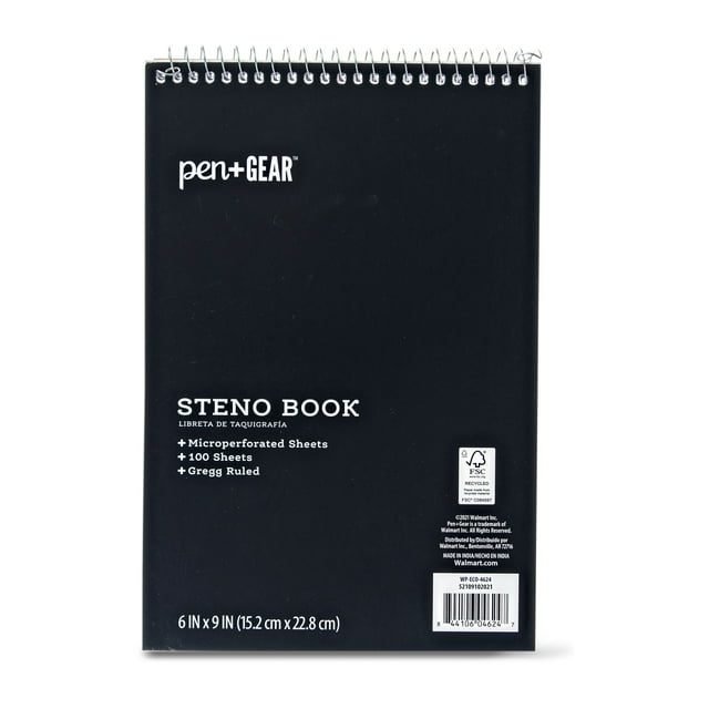 Pen+Gear Spiral Steno Pad, Gregg Ruled Paper, 100 Sheets, Black, 1