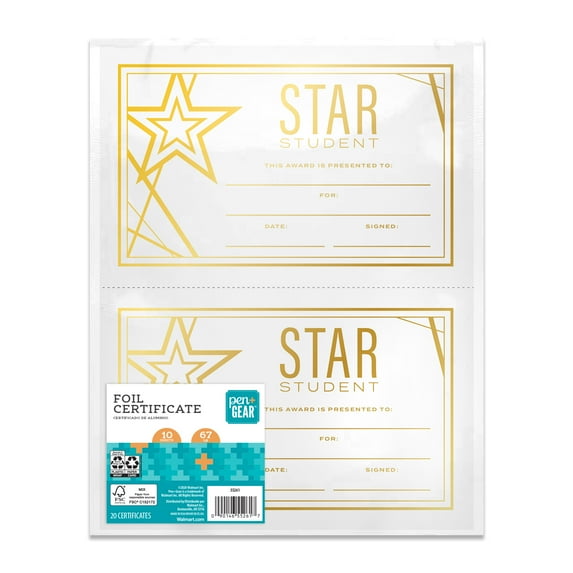Pen+Gear Star Student Gold Foil Paper Certificates, 5.5" x 8.5", 67 lb, 20 Certificates, Unisex