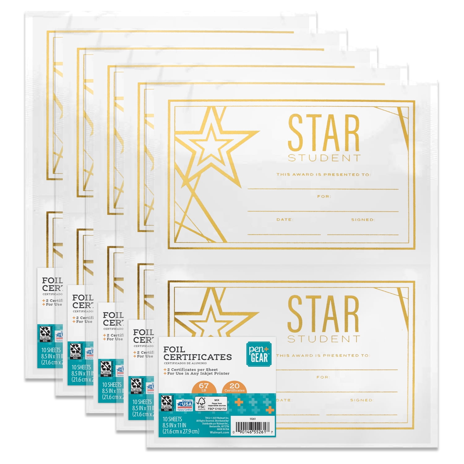 Pen+Gear Star Student Gold Foil Paper Certificates, 8.5" x 11", 67 lb, 2 Per Sheet, 100 Total (20 Per Pack), Unisex