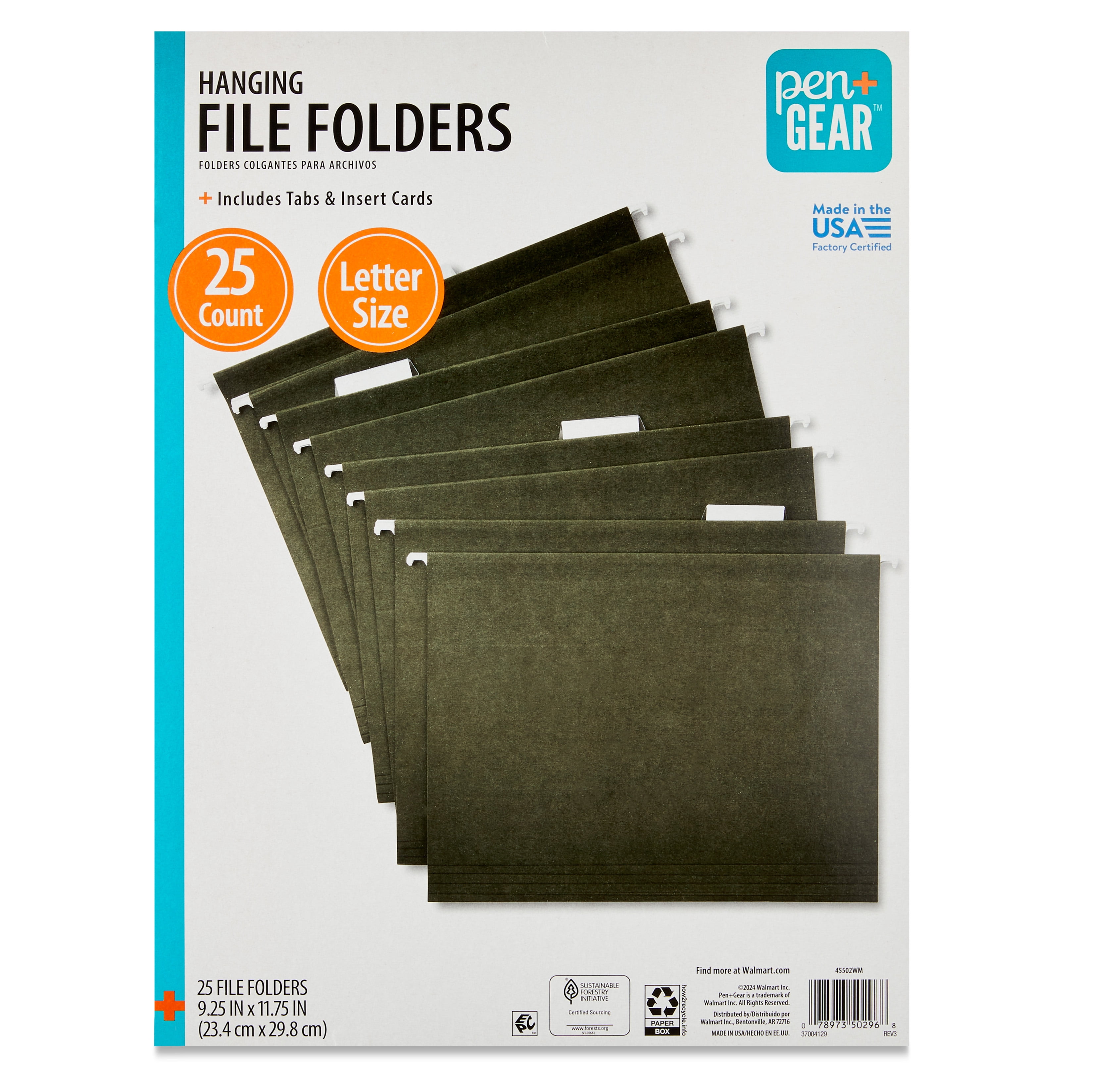 Pen+Gear Standard Green Hanging File Folders, Letter Size, 1/5 Cut Tabs and Inserts, Box of 25