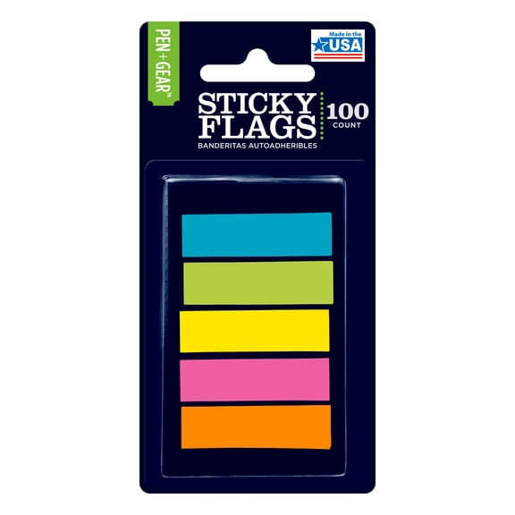 Pen + Gear Sticky Flags, Assorted Colors, 0.47in x 1.7in, 100 Flags