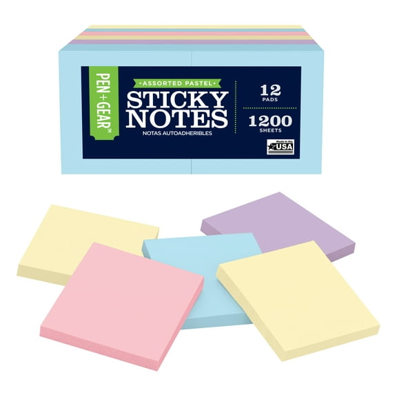 Pen+Gear Sticky Notes 12 Pack, 3in. x 3in., Pastel Colors