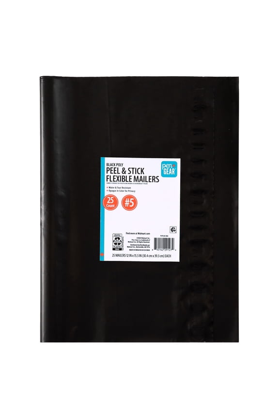 Self-Seal Poly Flexible Mailers, #5 (12" x&nbsp;15.5"), Black, 25 Count