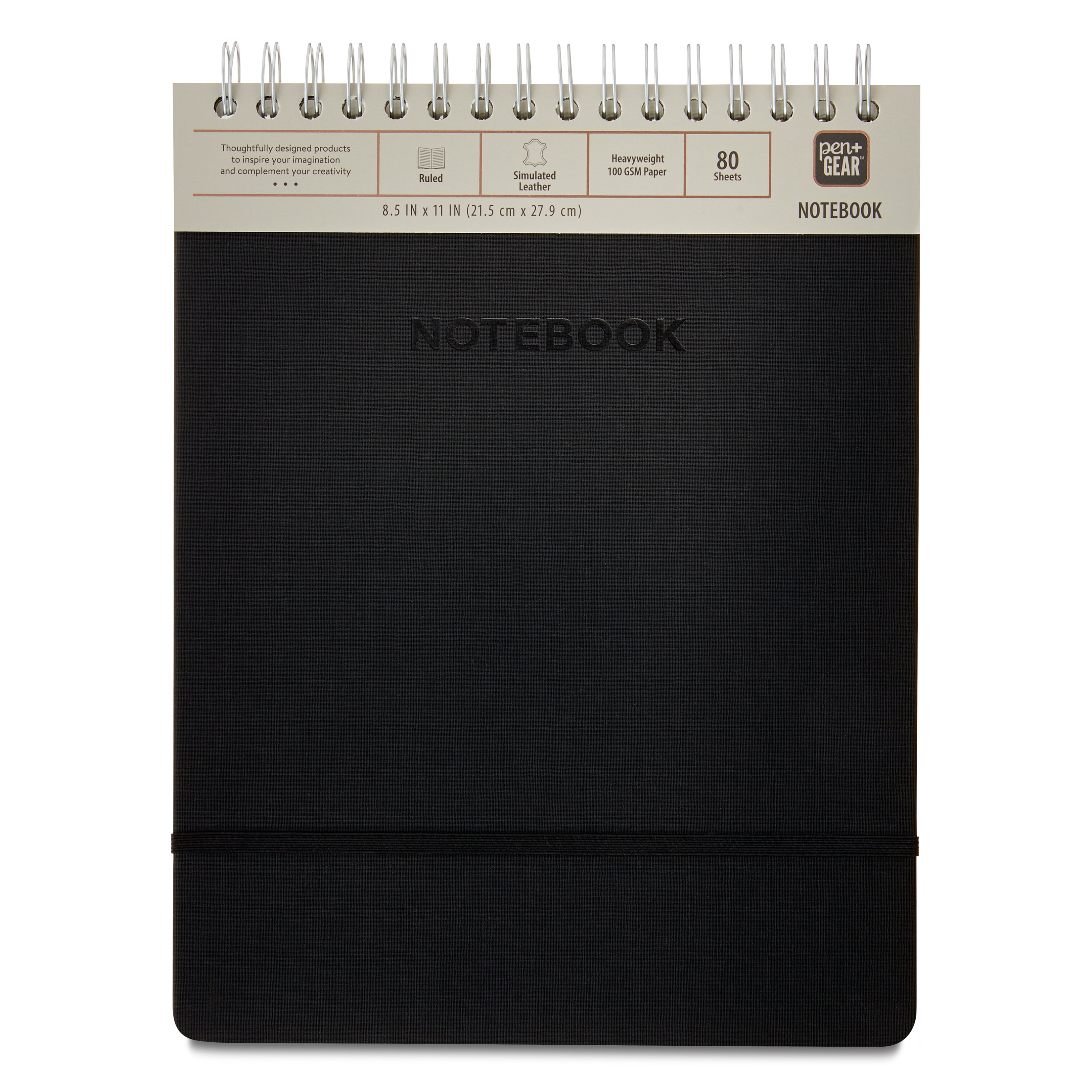 Pen+Gear Top Spiral Simulated Leather Notebook, Black, 8.5" x 11", 80 Ruled Sheets, 160 Pages