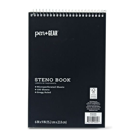 Pen+Gear Top Spiral Steno Pad, Gregg Ruled Paper, 100 Sheets, Black, 1 Count, 0 Holes