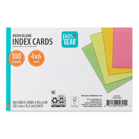 Pen+Gear Unruled Index Cards, Neon, 100 Count, 4 in x 6 in