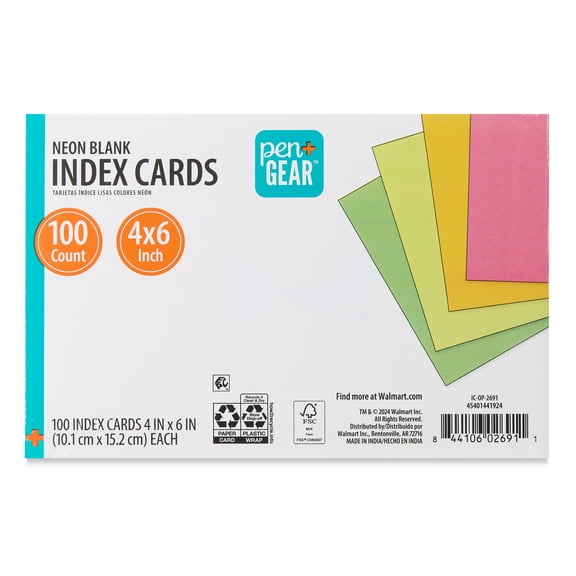 Pen+Gear Unruled Index Cards, Neon, 100 Count, 4" x 6"
