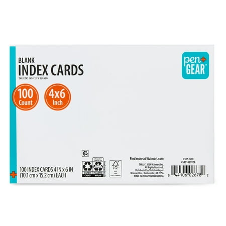 Pen+Gear Unruled Index Cards, White, 100 Count, 4" x 6"