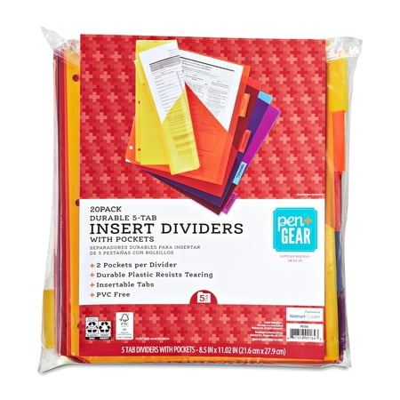 Pen+Gear Vibrant Color 5-Tab Dividers with Pockets, 20-Pack, 90164