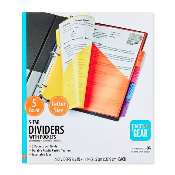 Pen+Gear Vibrant Color 5-Tab Dividers with Pockets
