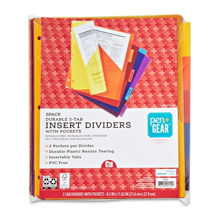 Pen+Gear Vibrant Color 5-Tab Insertable Dividers with Pockets, 6 Pack, Model 90159