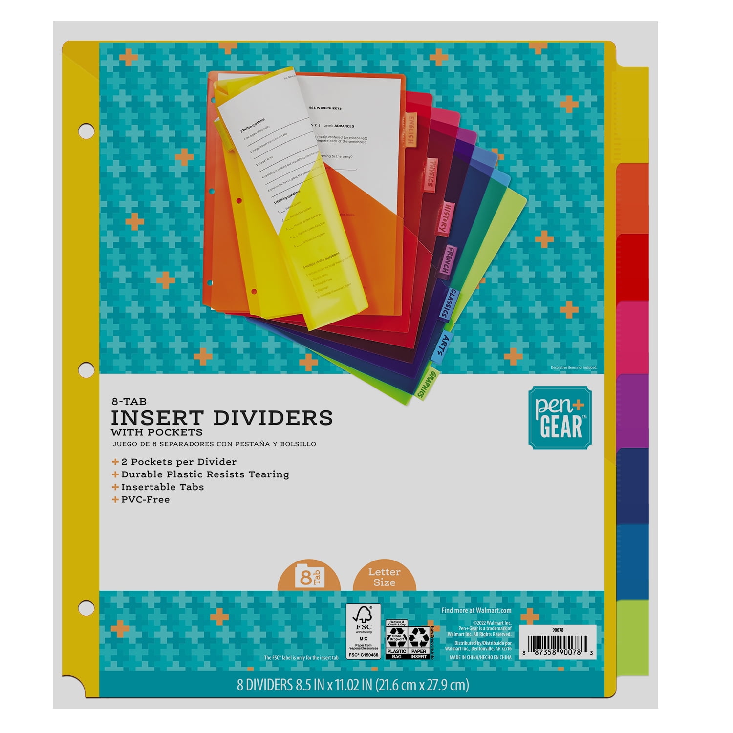 Pen+Gear Vibrant Color 8Tab Dividers with Pockets, Regular, Model