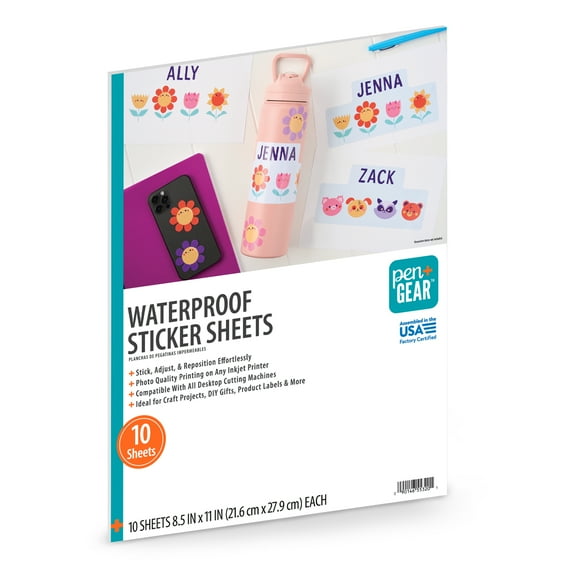 Pen+Gear Waterproof and Repositionable Stickers, 8.5" x 11", 10 Sheets, White