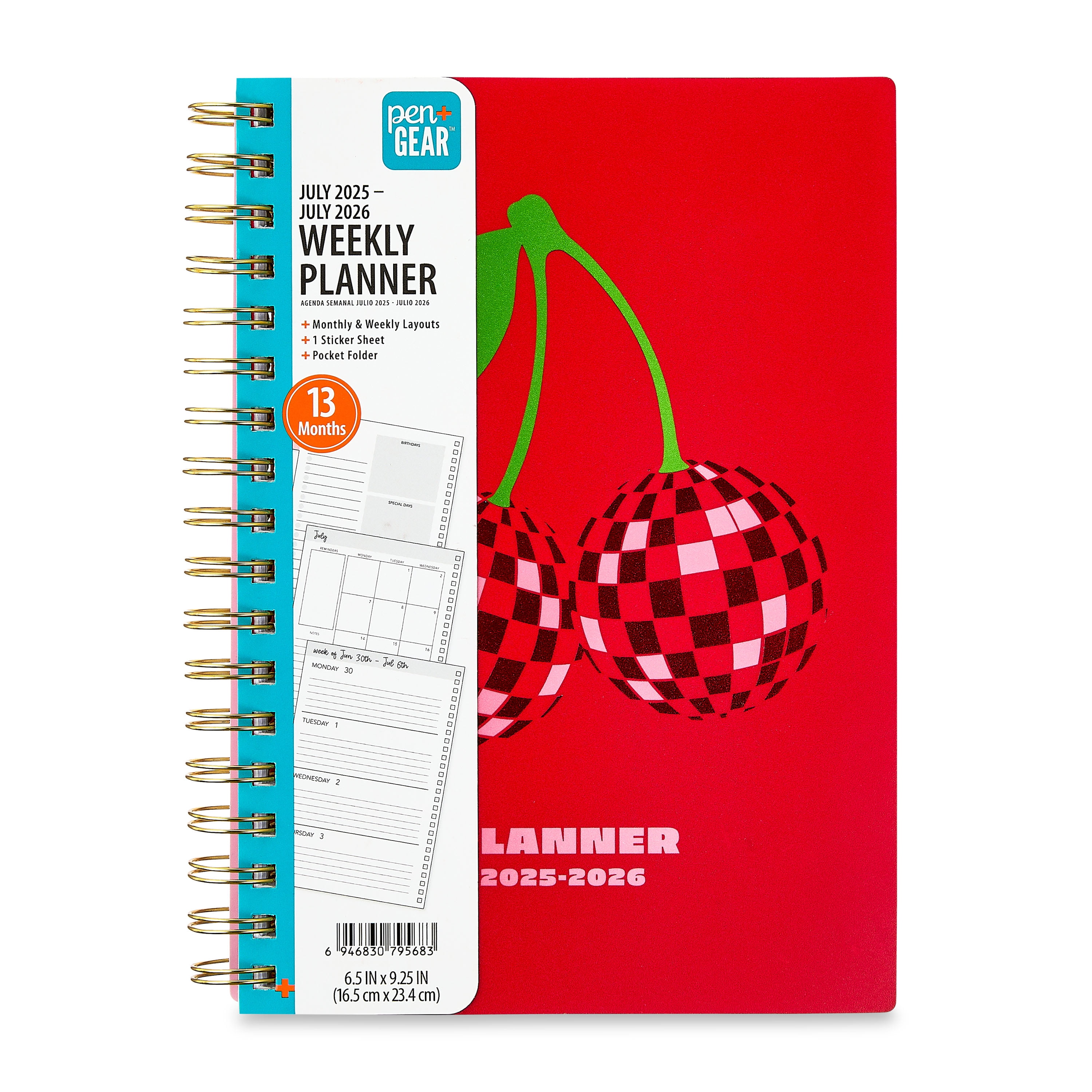 Pen+Gear 13-Month Weekly Planner, Cherries, 6.5" x 9.25", Red, July 2025-July 2026
