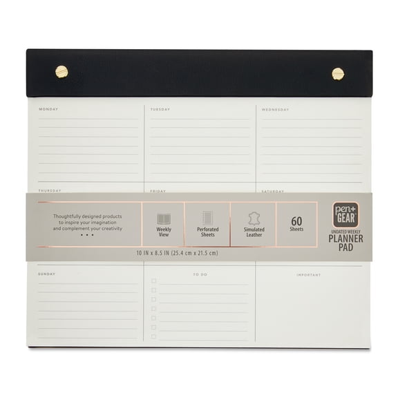 Pen+Gear Weekly Planner Pad, Undated, Rich Black Simulated Leather, 8.5” x 10”, 60 Sheets