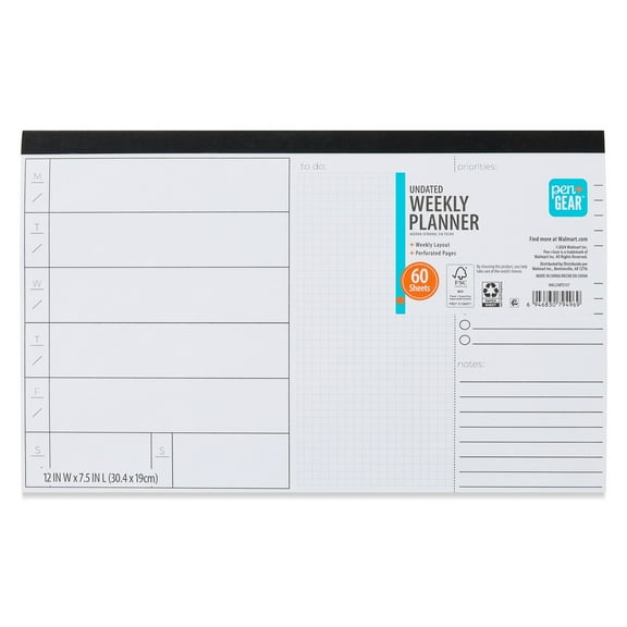 Pen+Gear Weekly Undated Large (12" x 7.5") Black and White 60 Sheets Desktop Planner Pad