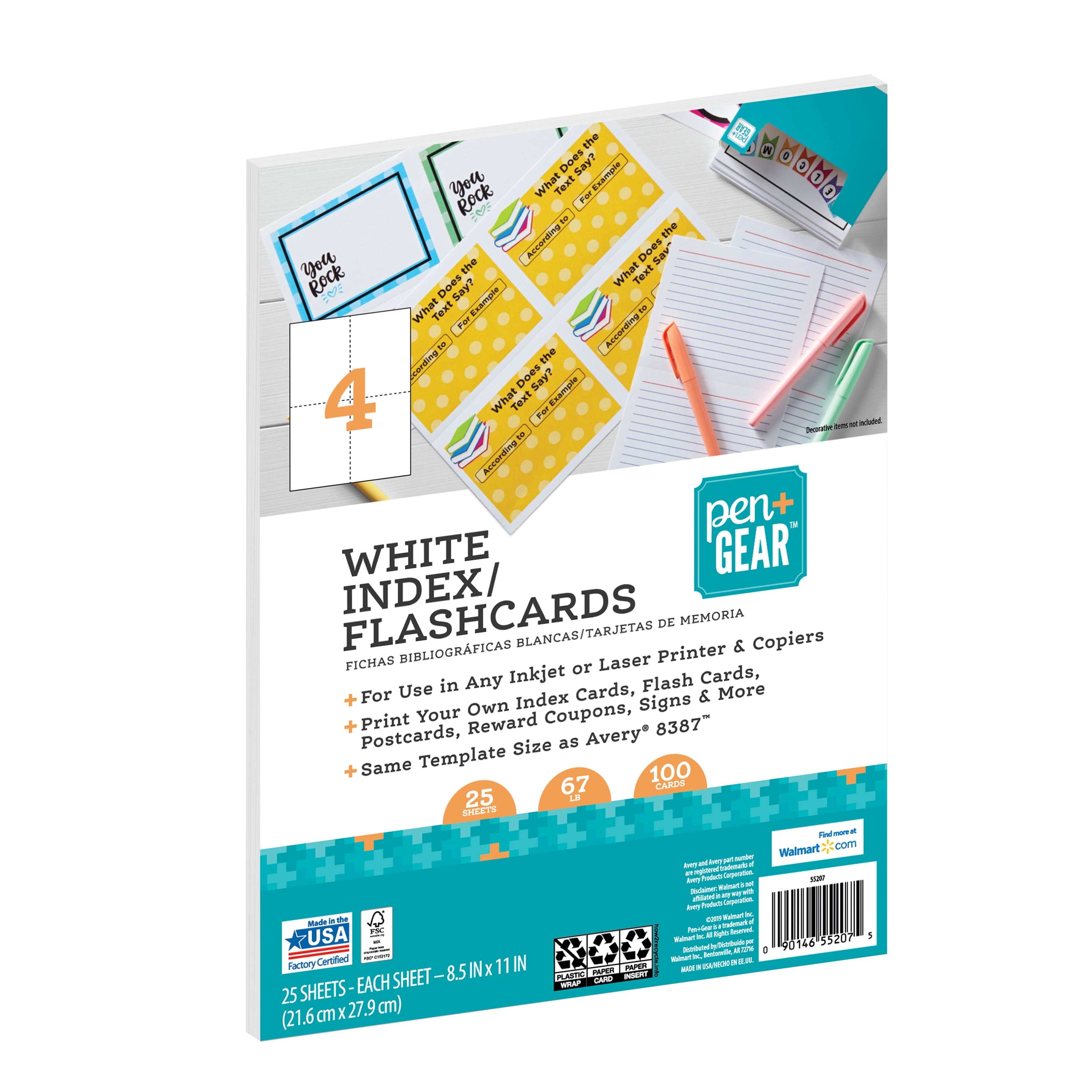 Pen + Gear White Index & Flash Cards, 4 per Page, 4.25 x 5.5 in, 67 lb.,  Unruled, 100 Cards 