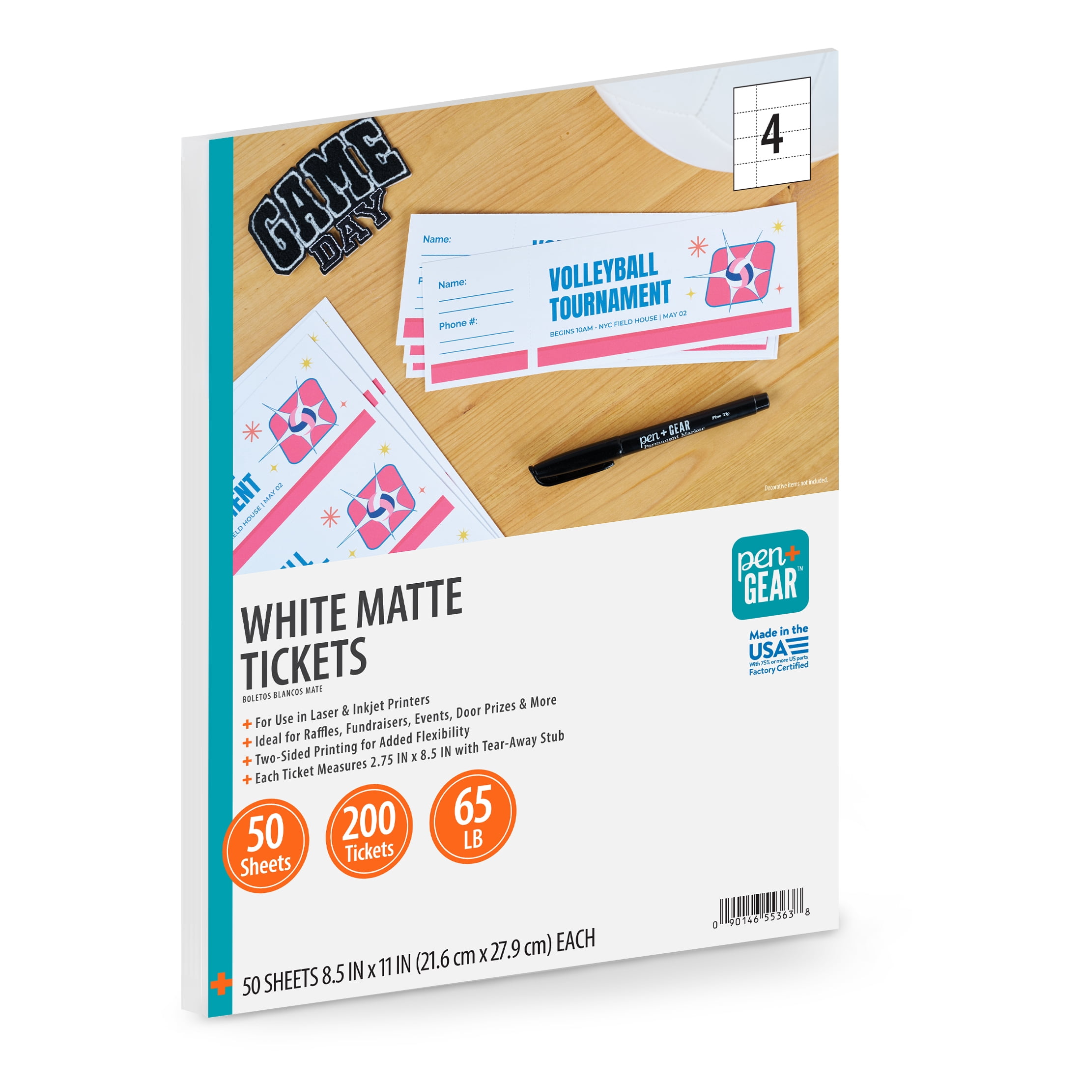 Pen+Gear White Matte Printable Tickets, 2.75" x 8.5", 65 lb, 200 Count