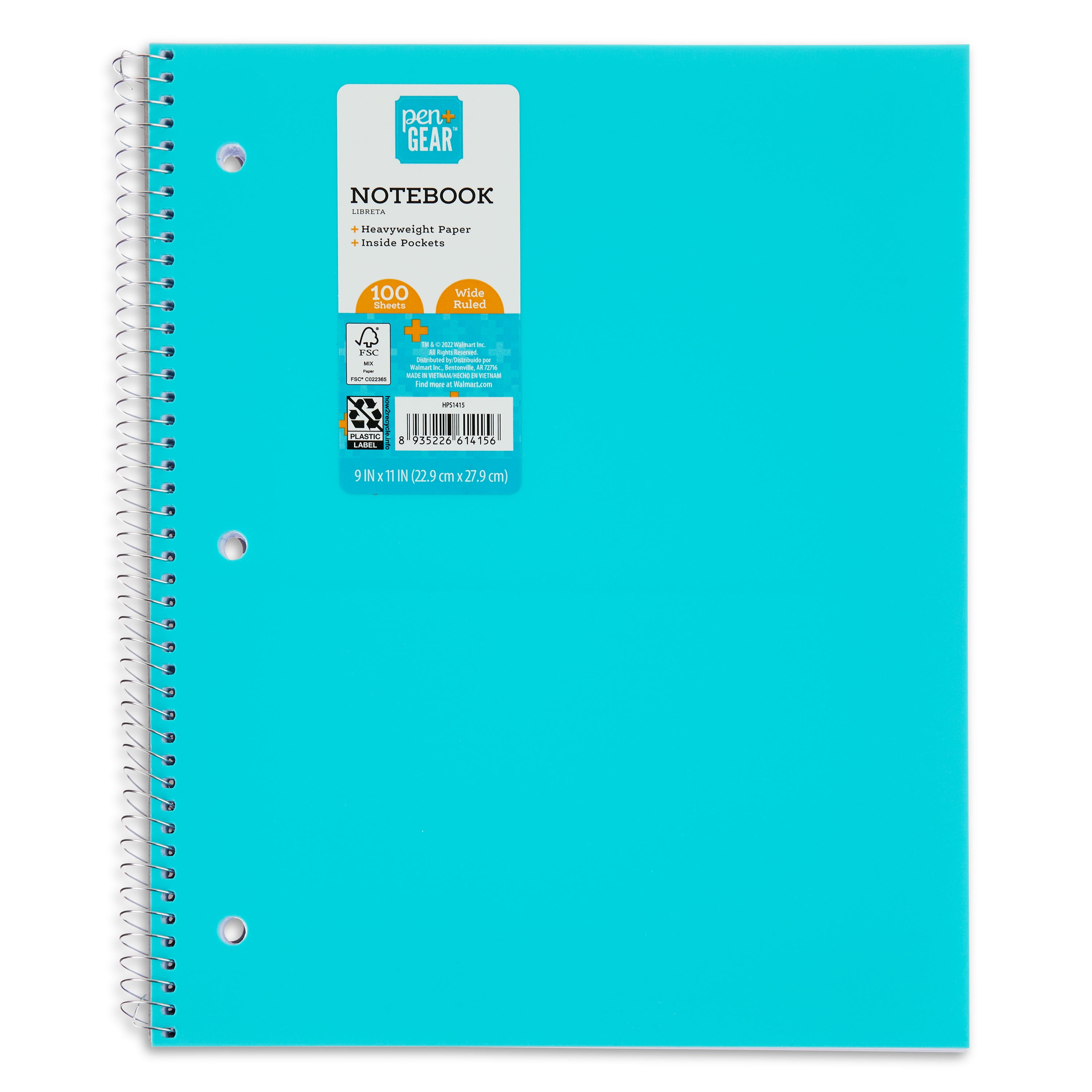 Pen+Gear Wide Rule 1Subject Notebook, 10.5" x 8", Blue, 100 Sheets