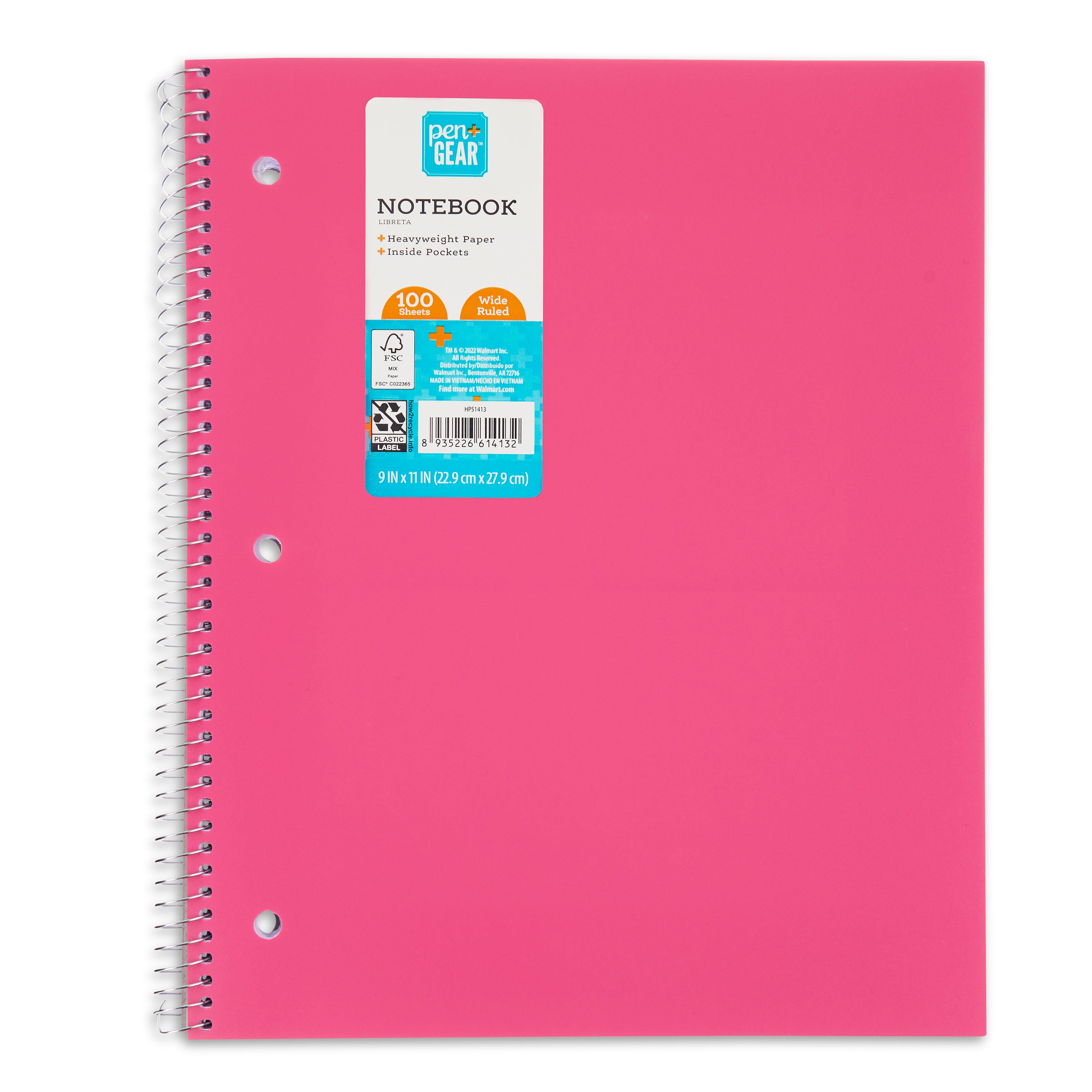 Pen+Gear Wide Rule 1-Subject Notebook, 10.5 x 8, Pink, 100 Sheets 