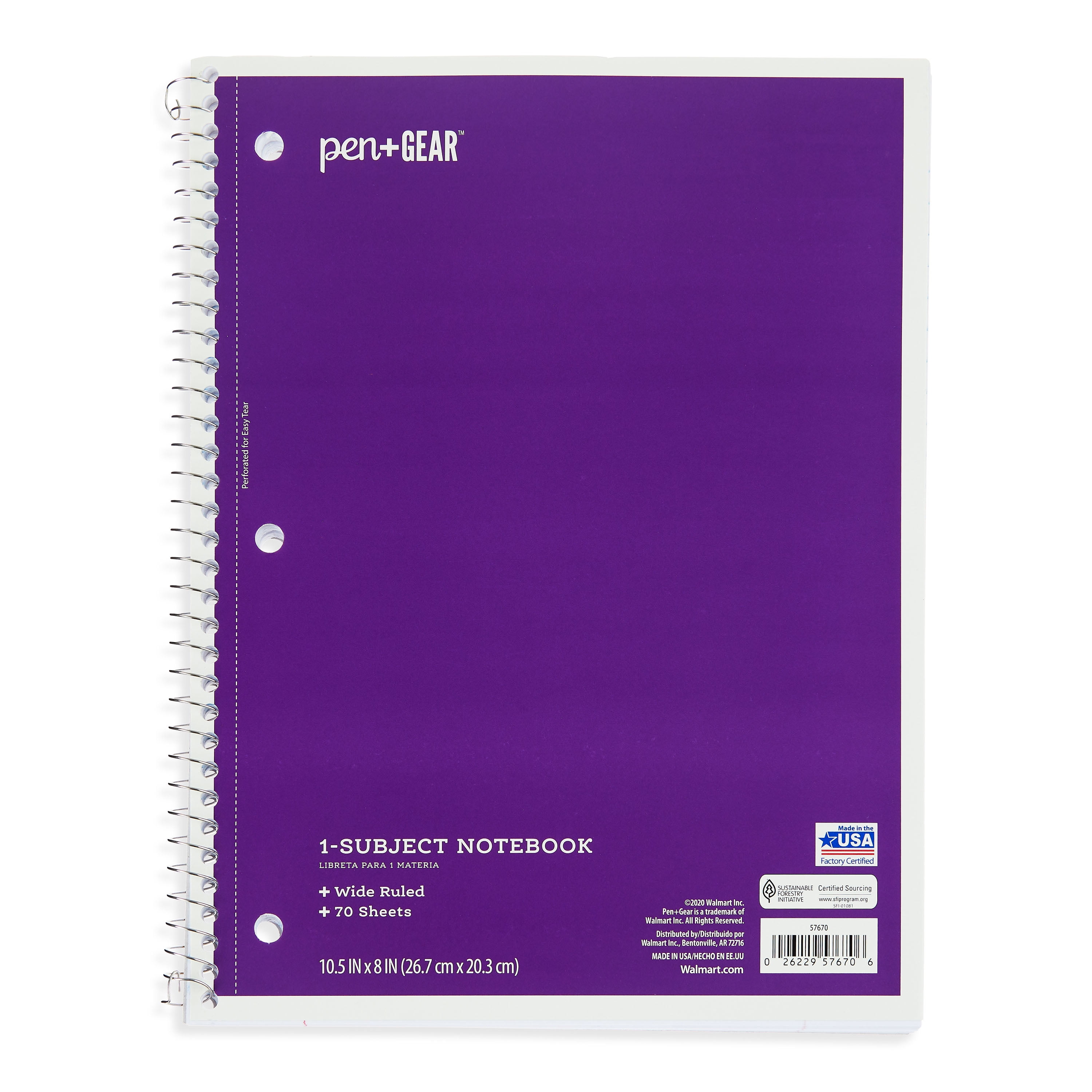 Pen+Gear Wide Rule 1Subject Notebook, 10.5" x 8", Purple, 70 Sheets