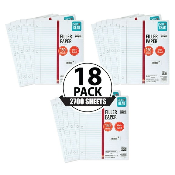 Pen+Gear Wide Rule Filler Paper, 8"x10.5, 150 Sheets Each (18 Pack), New