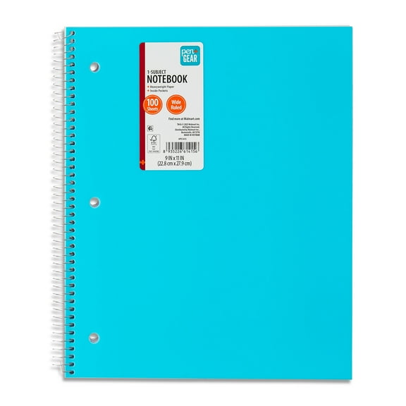 Pen + Gear Poly 1-Subject Notebook, Wide Ruled, 9" x 11", 100 Sheets, Teal
