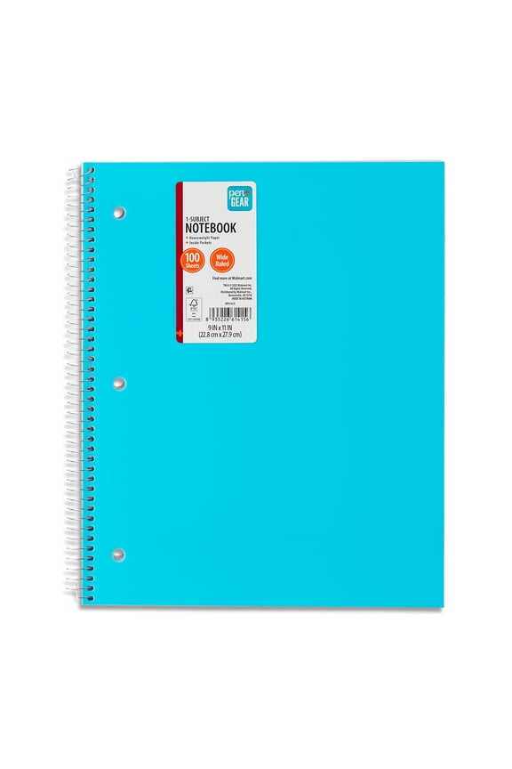 Pen + Gear Poly 1-Subject Notebook, Wide Ruled, 9" x 11", 100 Sheets, Teal